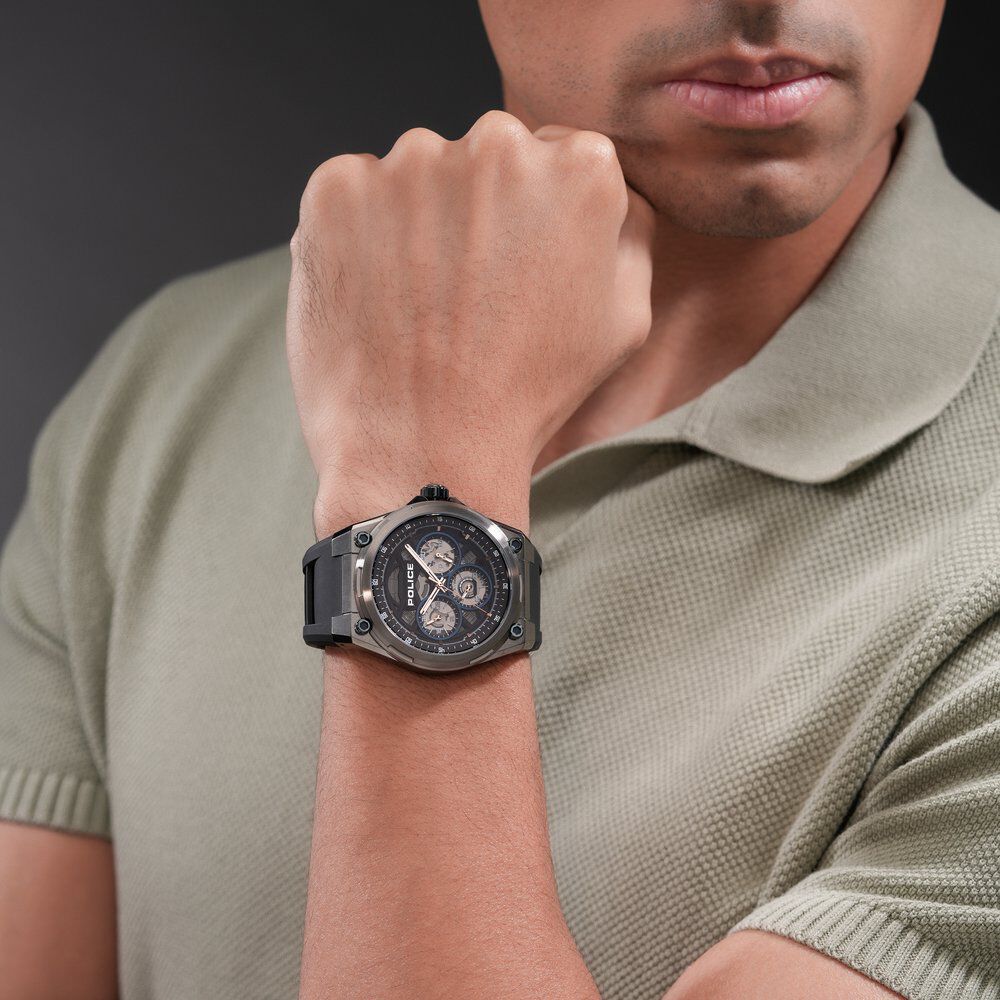 Police Quartz Multifunction Black Dial Blue Silicone Strap Watch For Men