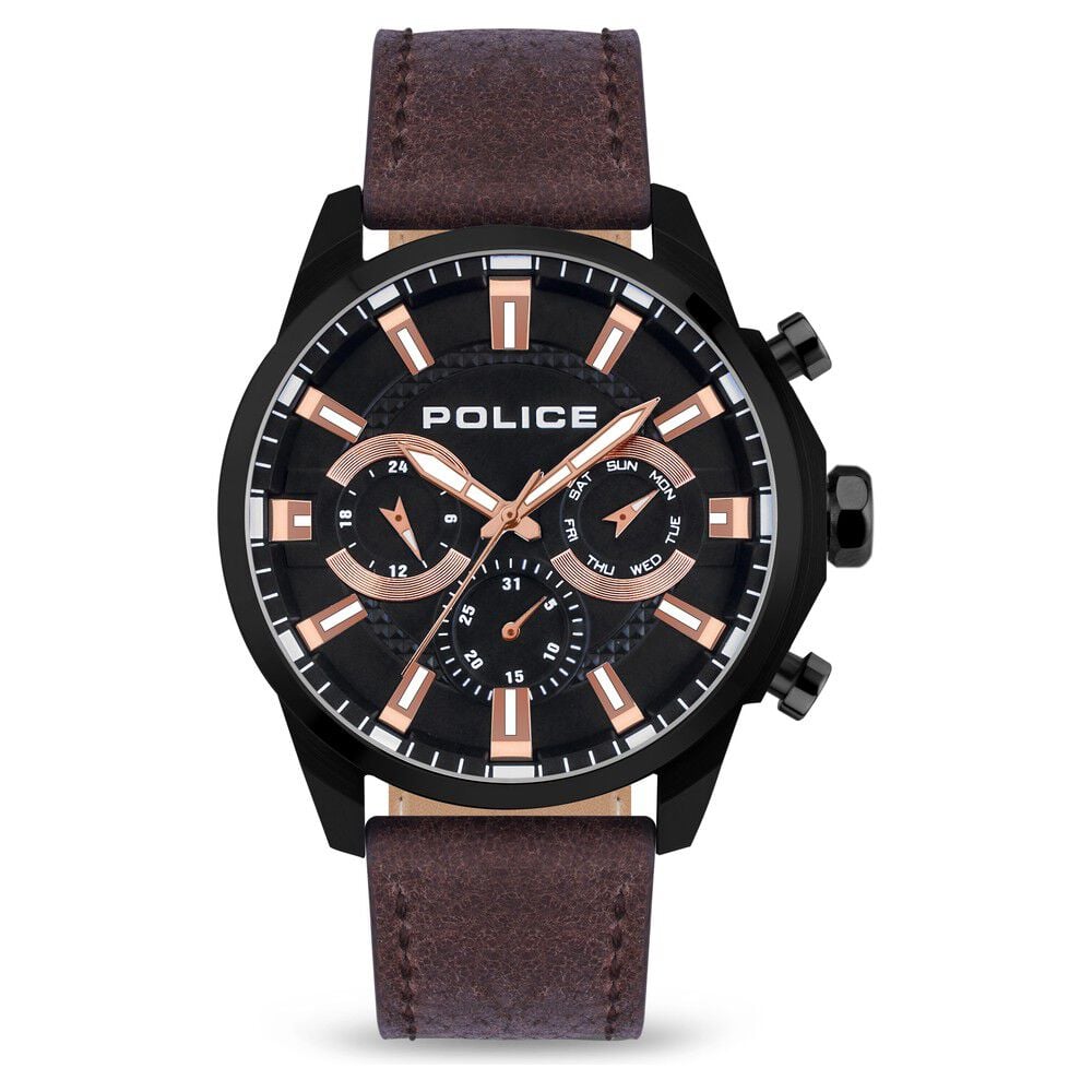 Police Black Dial Brown Strap Multifunction Watch for Men - image 1