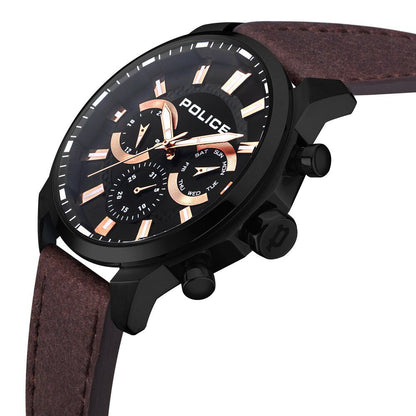 Police Black Dial Brown Strap Multifunction Watch for Men