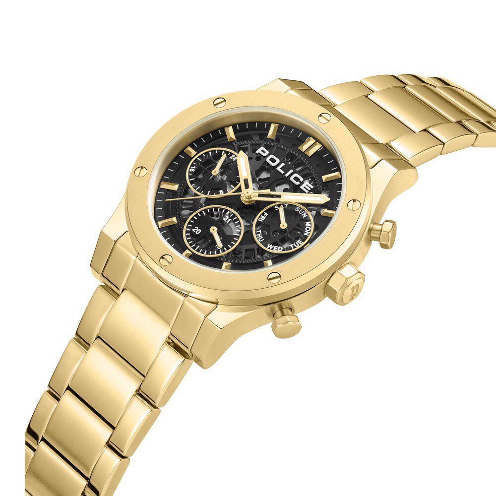 Police Quartz Multifunction Black Dial Golden Colour Stainless Steel Strap Watch For Men