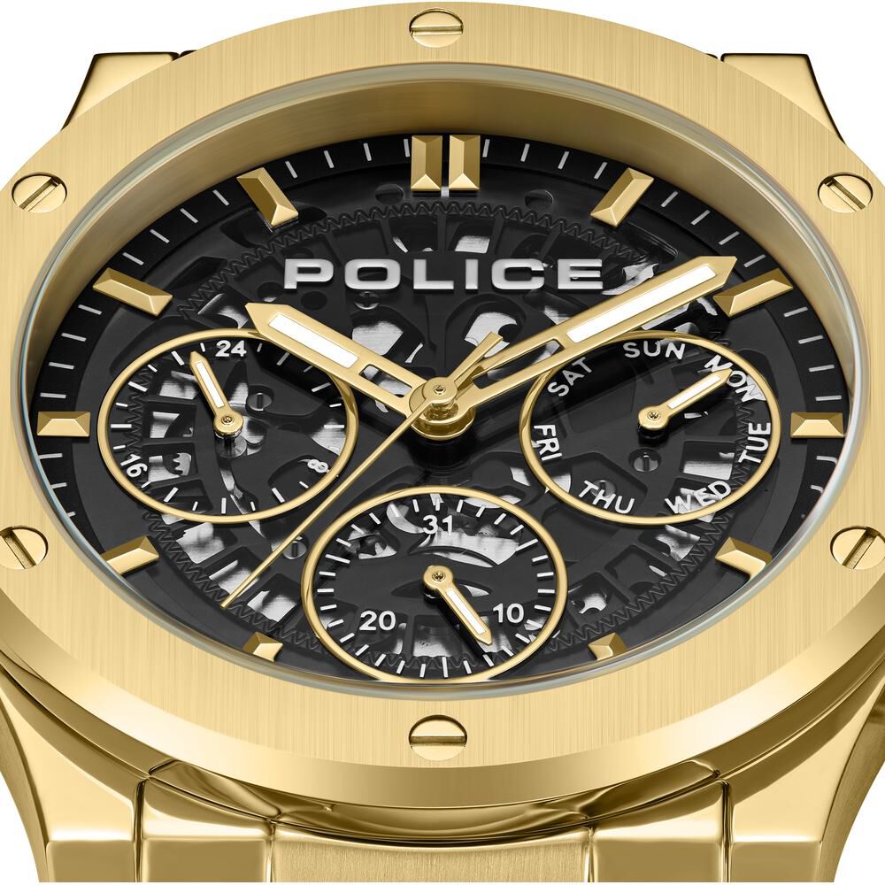 Police Quartz Multifunction Black Dial Golden Colour Stainless Steel Strap Watch For Men