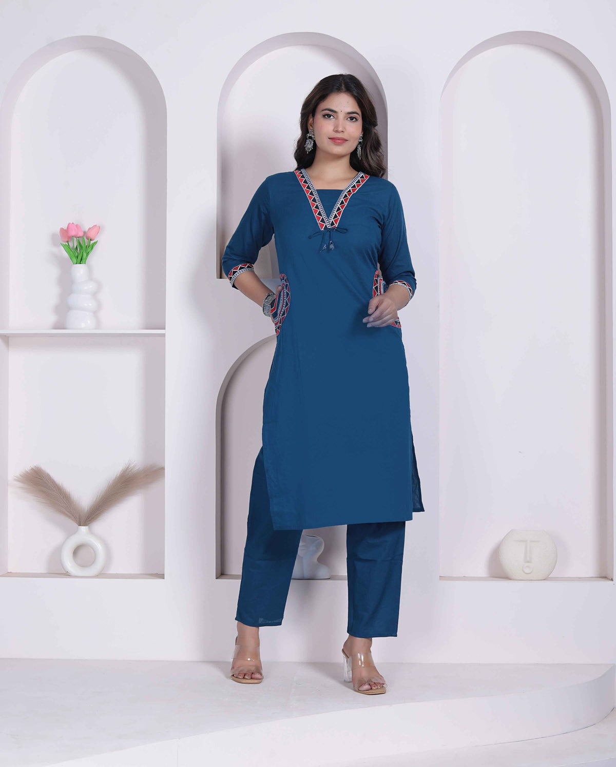 Miravan Womens Blue Straight Kurta with Palazzo Set - view 2