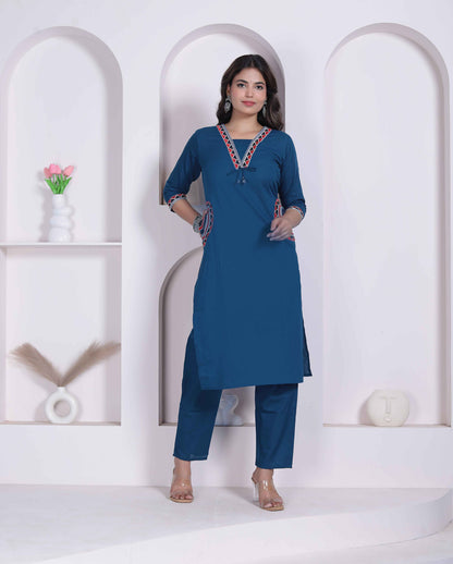 Miravan Womens Blue Straight Kurta with Palazzo Set - view 2