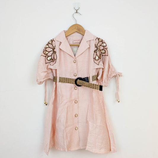 Bachpan kids wear Elegant Blush Peach Sequined Shirt Dress with Woven Belt