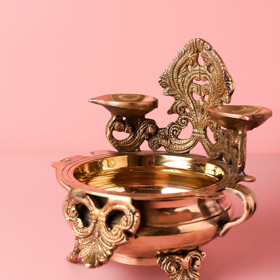 Samskara Home Peacock Metal Urli With Diya 