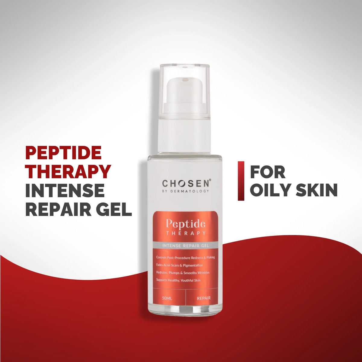 Chosen Peptide Therapy Intense Repair Gel bottle, a clear gel serum for oily acne-prone skin. - Image 2