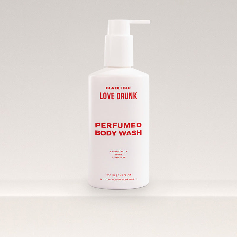 Bla Bli Blu Love Drunk Body Wash bottle with romantic floral accents, creating a luxurious shower experience.