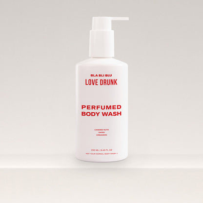 Bla Bli Blu Love Drunk Body Wash bottle with romantic floral accents, creating a luxurious shower experience.
