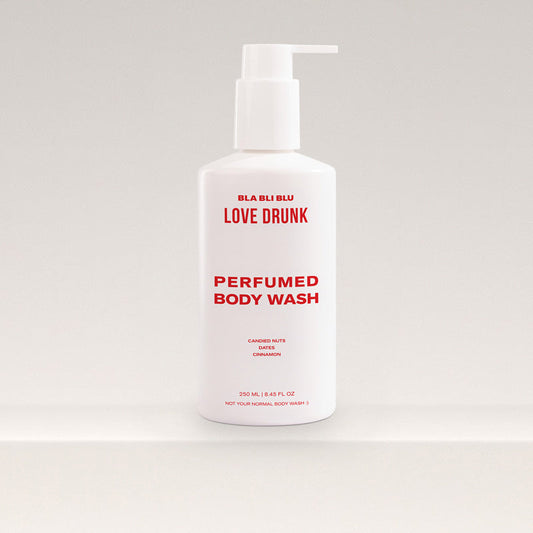 Bla Bli Blu Love Drunk Body Wash bottle with romantic floral accents, creating a luxurious shower experience.
