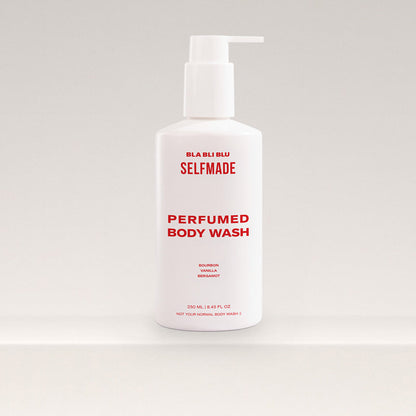 A sleek bottle of Bla Bli Blu Self Made Body Wash, surrounded by soft, inviting light, suggesting luxury and freshness.