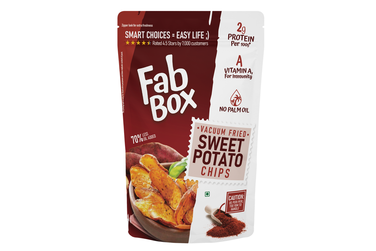 Fabbox Peri Peri Sweet Potato Chips in a vibrant bag, showing crispy chips with seasoning. - Image 2