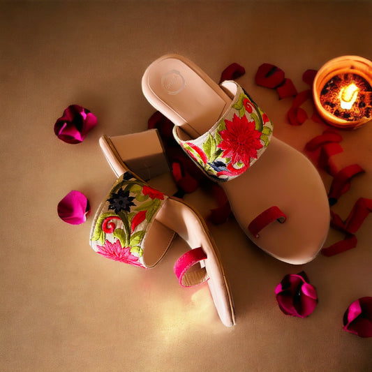 Dhaga Flower Girl Pastel Floral Embroidered Block Heel Kolhapuri for Women