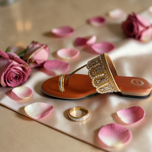 Dhaga Anaya Pearl Glow Gold Flat Kolhapuri for Women