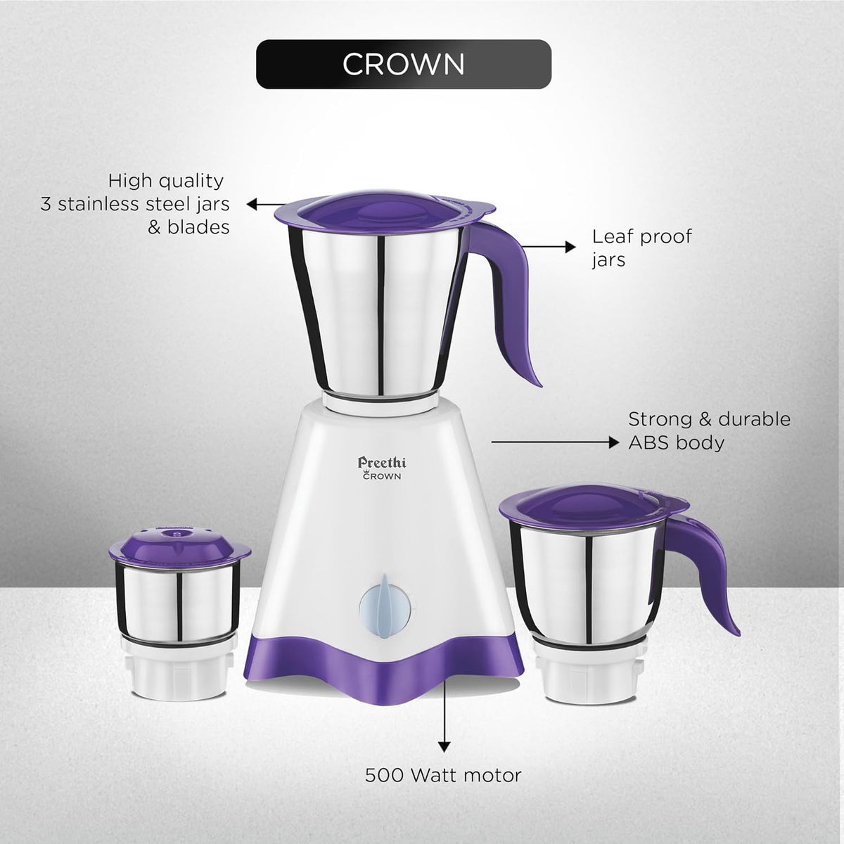 Preethi Crown Pro Mixer Grinder - 600W - 3 Jar