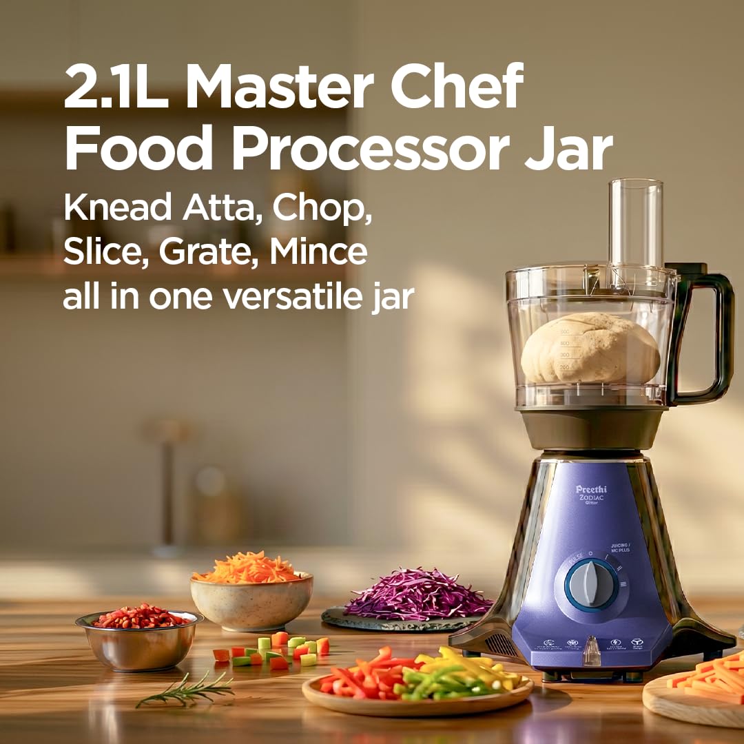 Preethi Zodiac Glitter Mixer Grinder+Food processor I 750 Watt I 2yr Guarantee and Lifelong Free Service I 5 Jars 3 Stainless steel Jars +1 Juicer Jar+1 Master Chef Plus Food processor Jar -MG 264