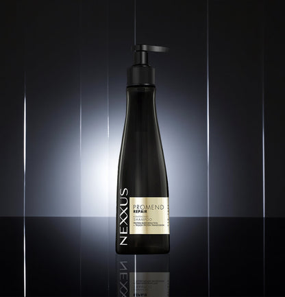 Nexxus PROMEND REPAIR KERATINIZING SHAMPOO bottle, showcasing its advanced formula for damaged hair repair.