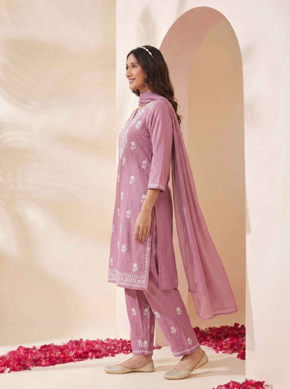 Miravan Womens Chikankari Embroidery Pink Straight Kurta And Palazzo With Dupatta Set - view 2