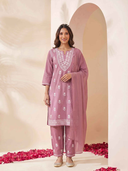 Miravan Womens Chikankari Embroidery Pink Straight Kurta And Palazzo With Dupatta Set - view 5