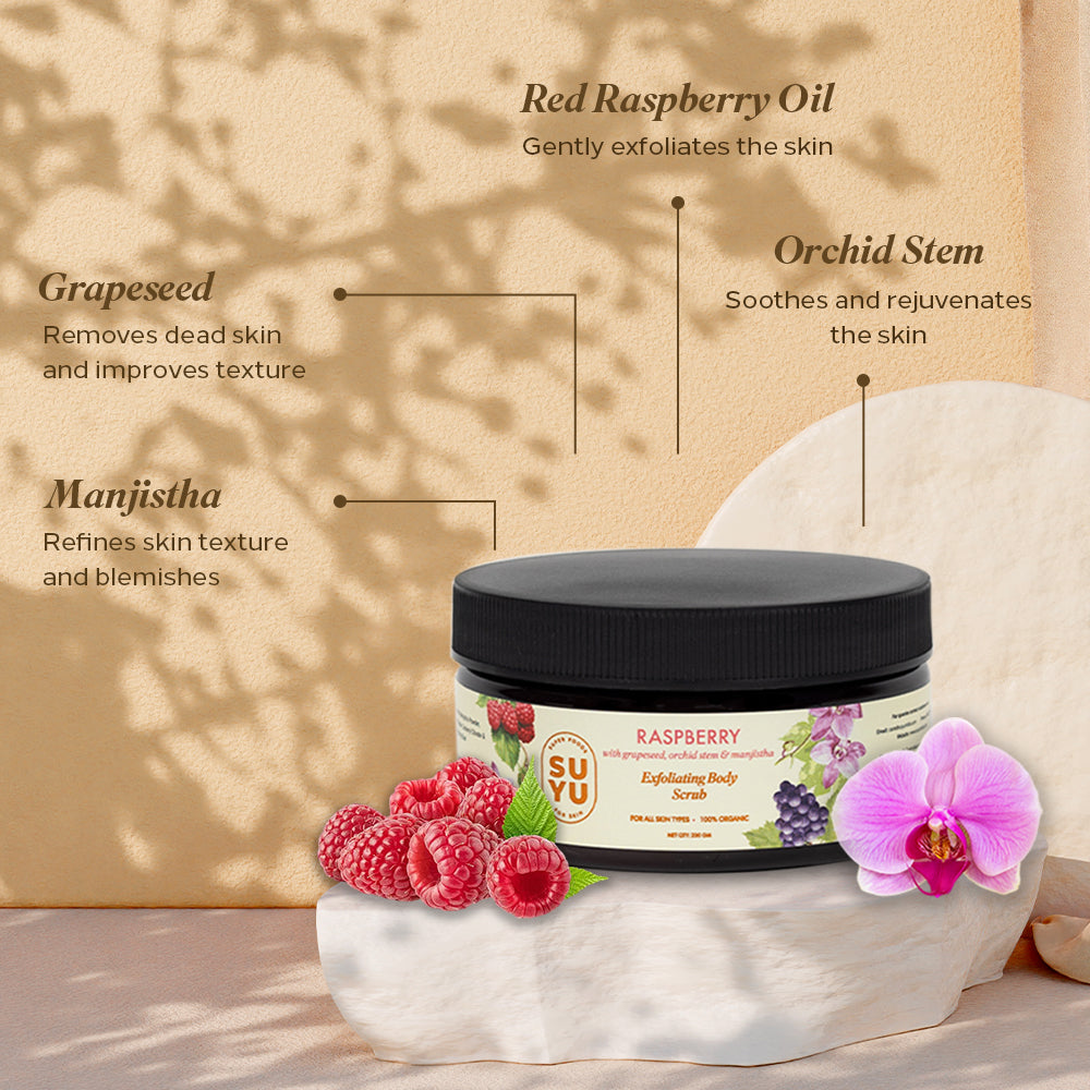 Suyu India Raspberry Exfoliating Superfood Body Scrub 200gm with red raspberries, grape seeds, and orchid stem powd - Image 3