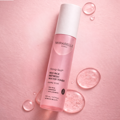 Mirabelle Korea Red Rice Refresh Water Toner bottle with red rice illustration, for hydrated and refined skin.