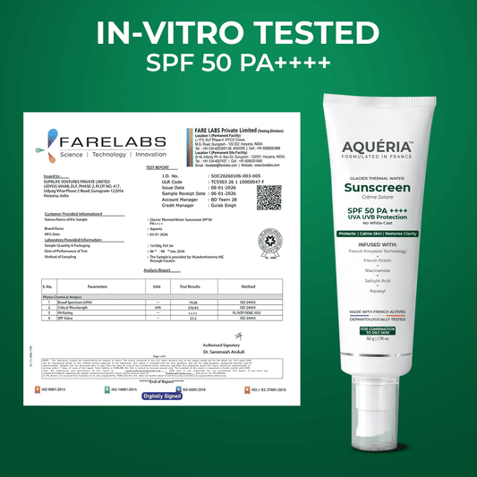 Acne-safe sunscreen from Aqueria, protecting skin from UV rays.