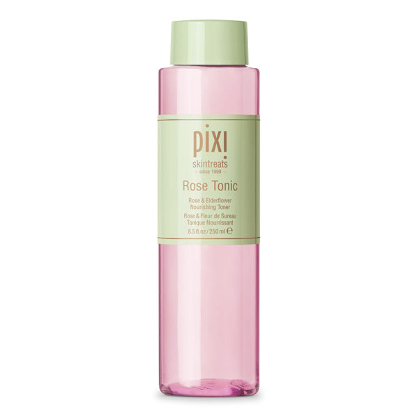 Close-up of Pixi Rose Tonic, highlighting the refreshing pink liquid and product label details.
