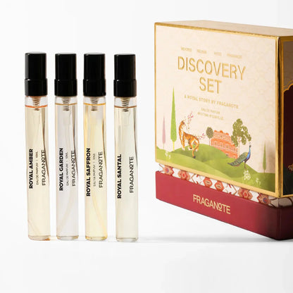 Travel-friendly Fraganote discovery set featuring the 'A Royal Story' luxury fragrance range.