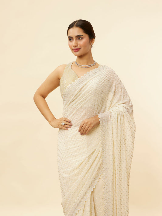 Mohey Ivory White Lattice Patterned Stone Work Saree - view 2