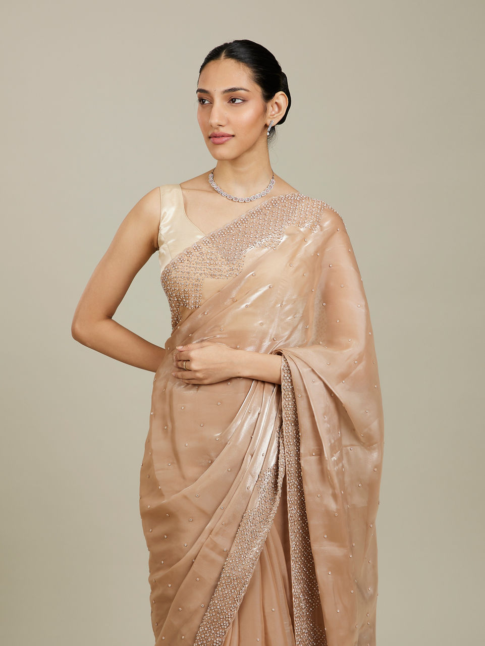 Mohey Beige Saree with Mirror Work - view 2