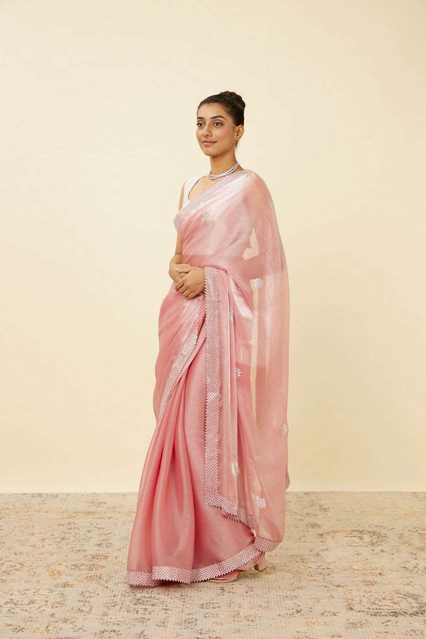Mohey Quartz Pink Chiffon Saree with Chevron Patterned Borders - view 4