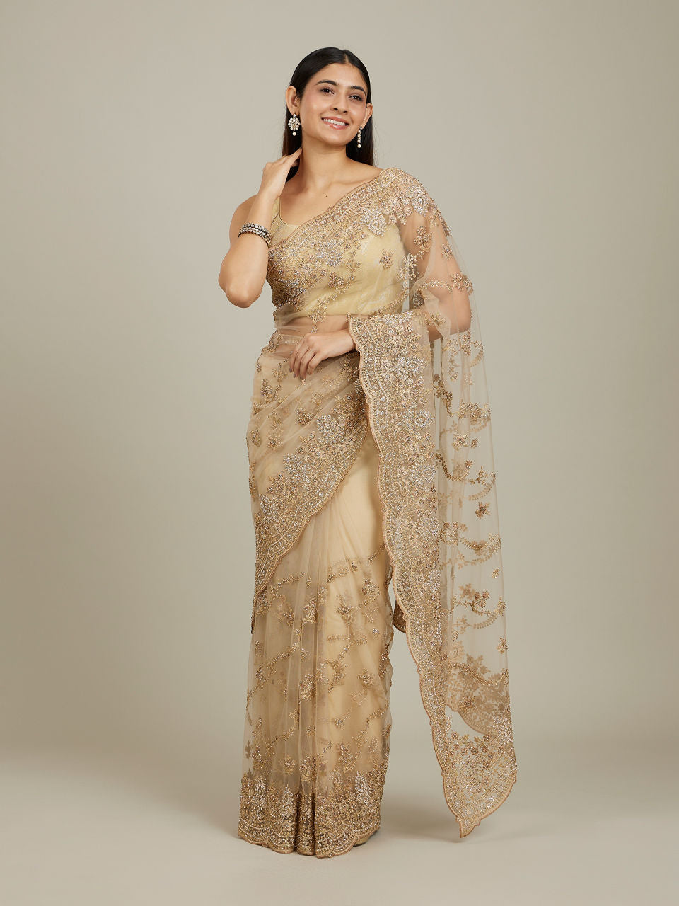 Mohey Warm Beige Bel Buti Patterned Stone Work Saree