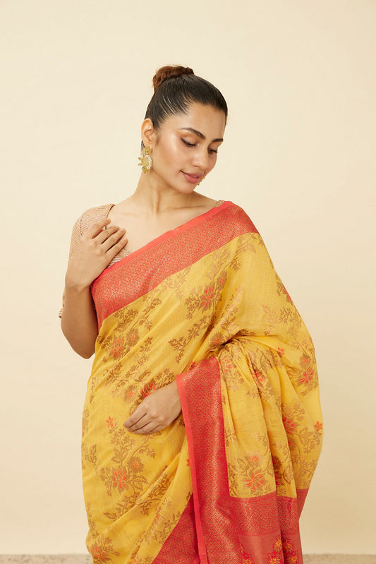 Mohey Tangerine Yellow Saree with Floral Pattern - view 2