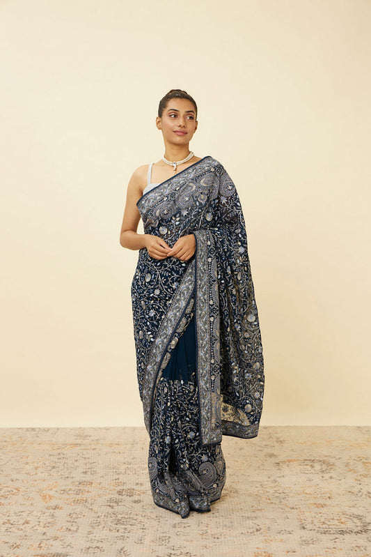 Mohey Indigo Blue Paisley Patterned Saree