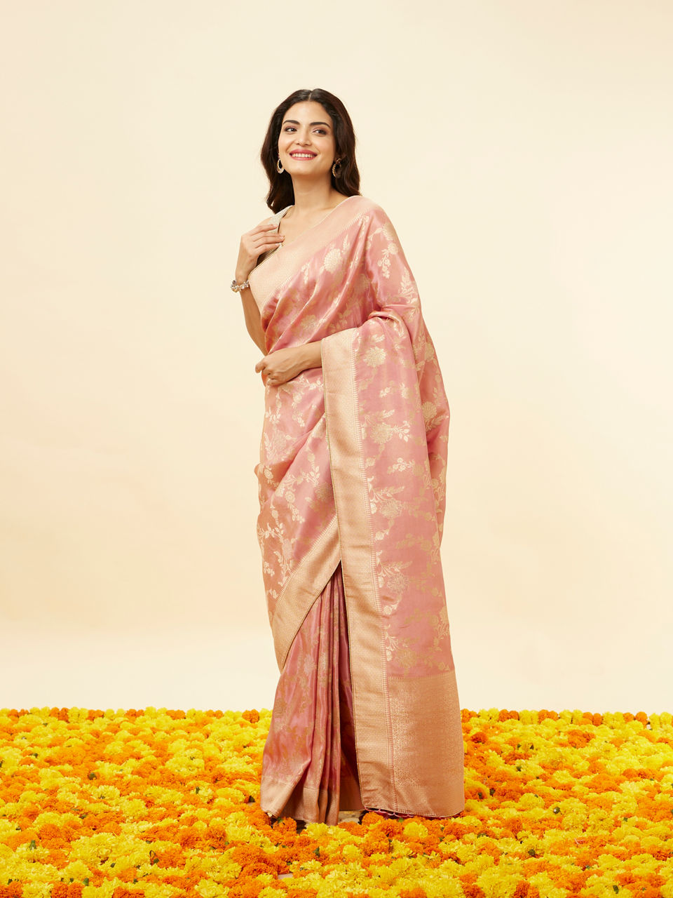 Mohey Rouge Pink Botanical Patterned Zari Work Saree - view 4