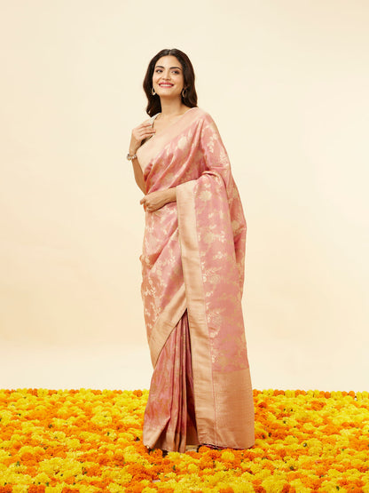 Mohey Rouge Pink Botanical Patterned Zari Work Saree - view 4
