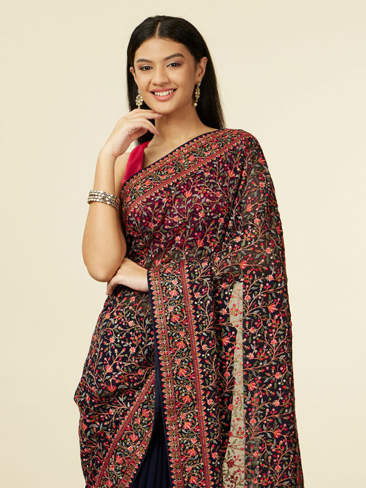 Mohey Indigo Blue Bel Buti Patterned Saree - view 2