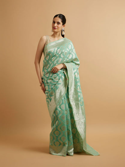 Mohey Sea Green Floral Leaf Patterned Saree with Jaal Pattern