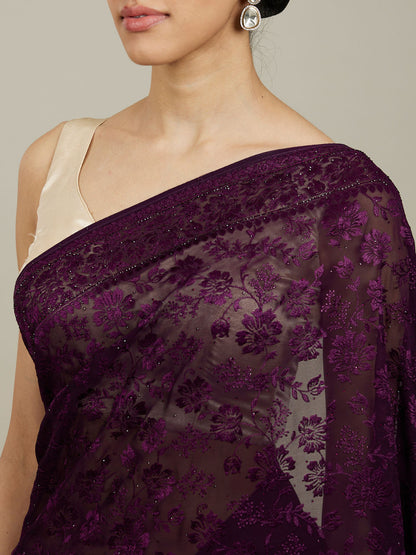 Mohey Wine Bel Buti Patterned Saree with Rhinestones - view 4