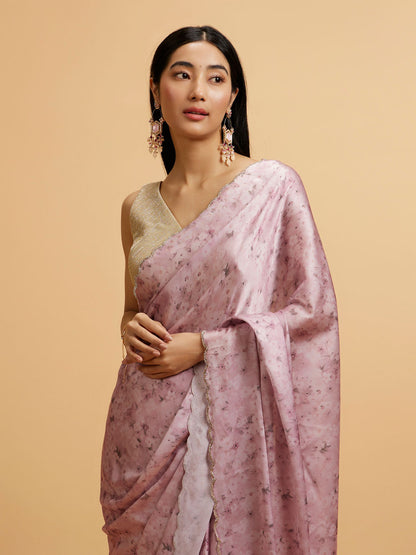 Mohey Pink Floral Watercolour Patterned Rhinestone Saree - view 2