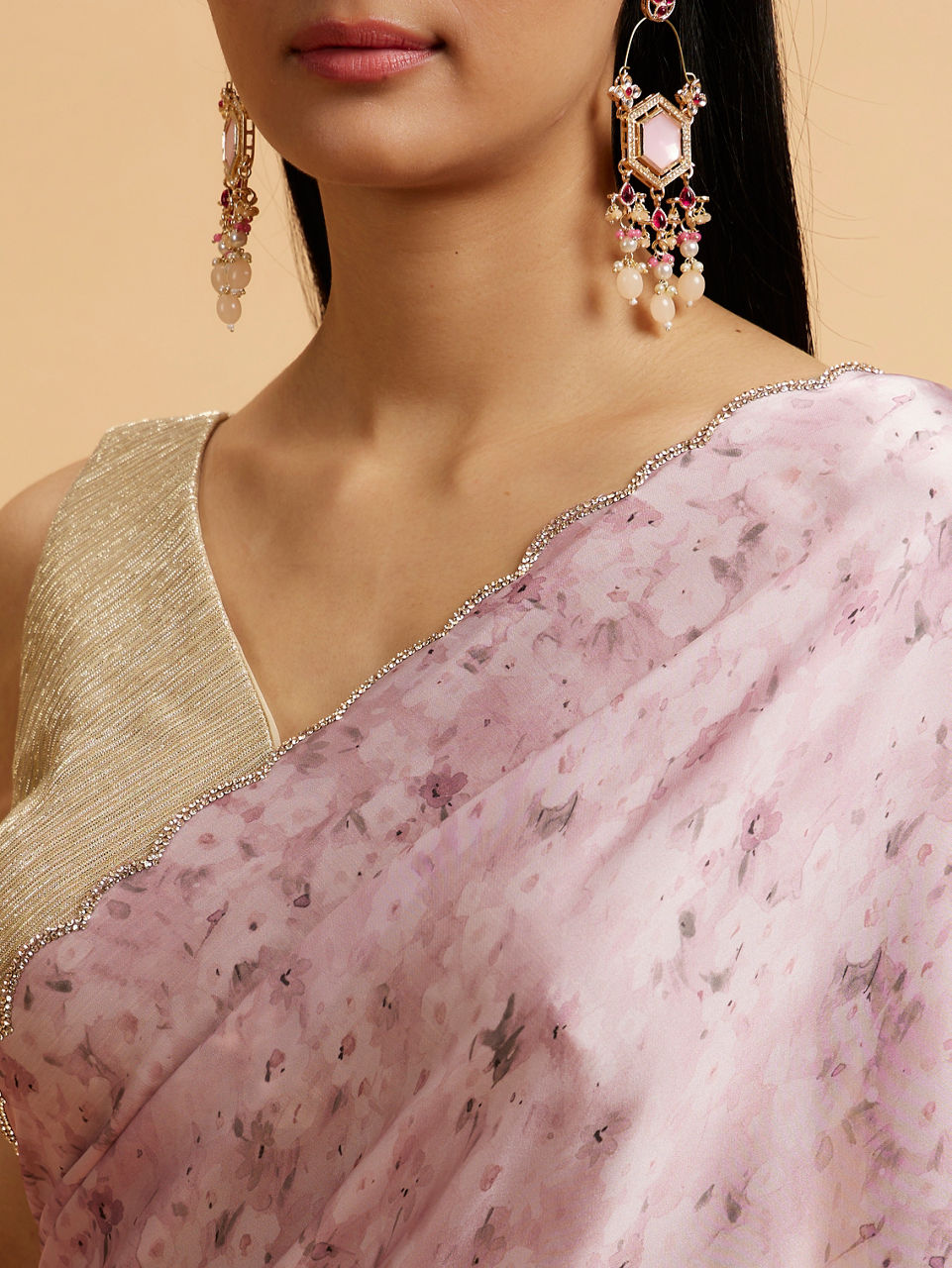 Mohey Pink Floral Watercolour Patterned Rhinestone Saree - view 4