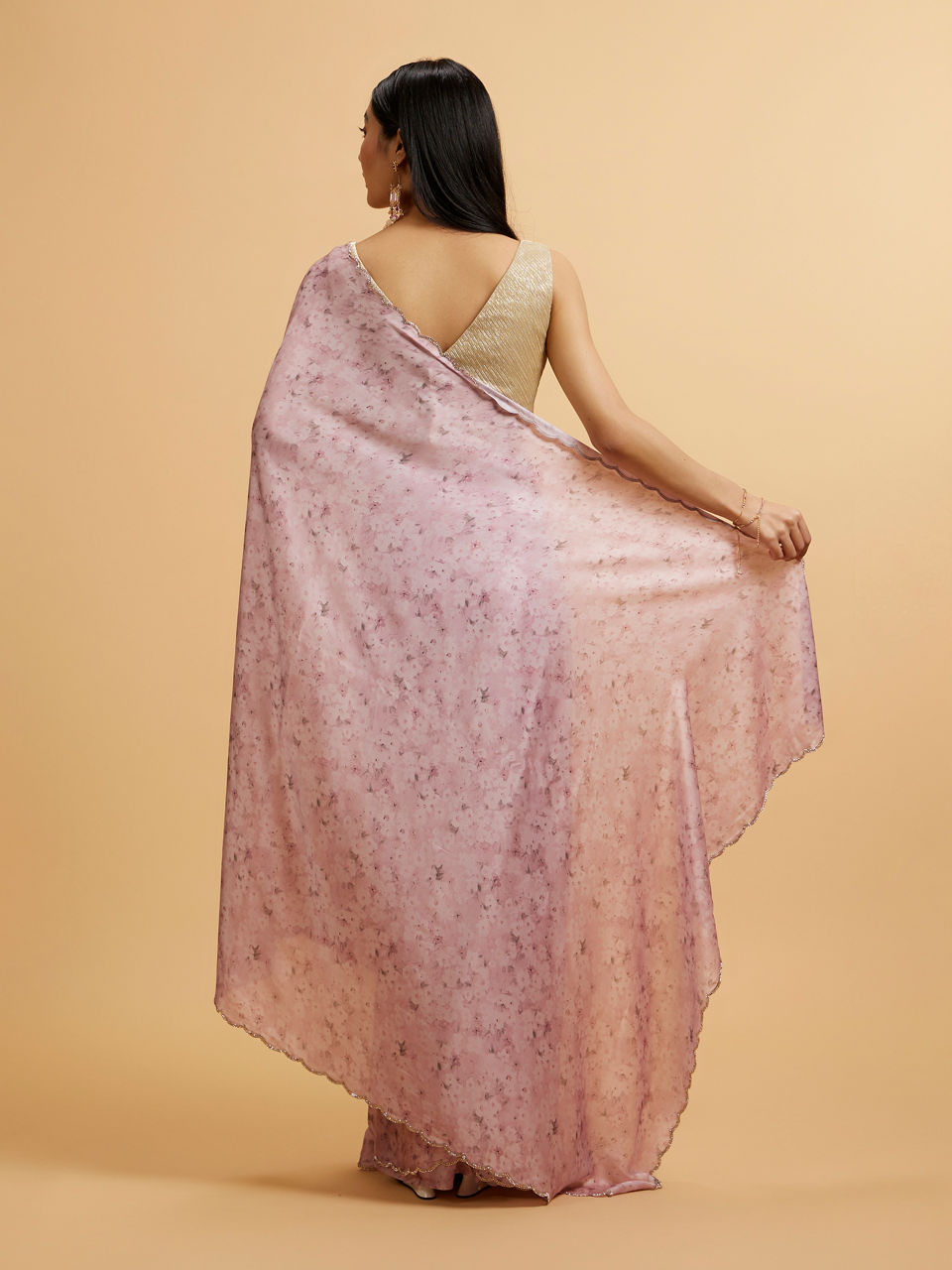 Mohey Pink Floral Watercolour Patterned Rhinestone Saree - view 5