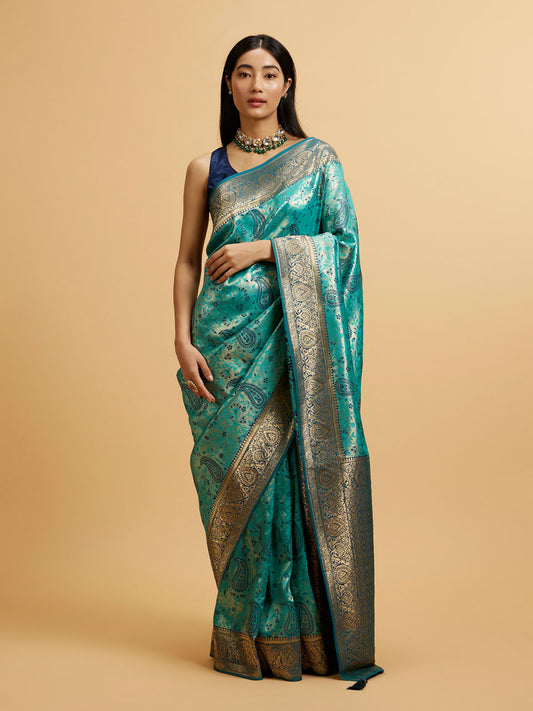 Mohey Teal Blue Paisley Patterned Saree with Rhinestones