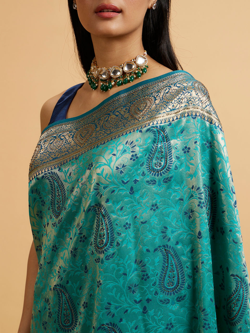 Mohey Teal Blue Paisley Patterned Saree with Rhinestones - view 4