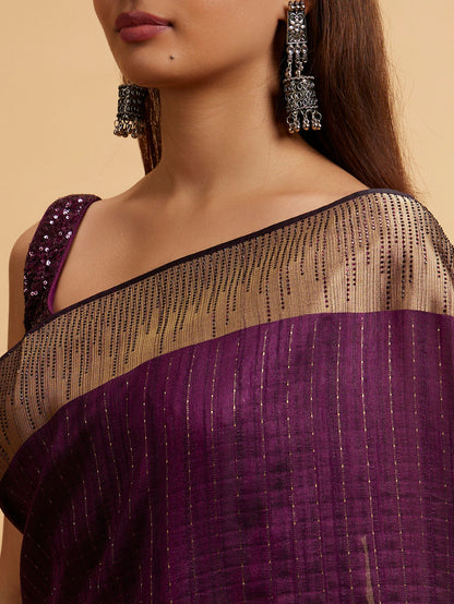 Mohey Wine Linear Patterned Rhinestone Saree - view 4