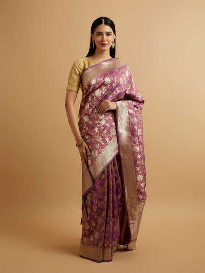 Mohey Purple Bel Buti Patterned Saree - view 3