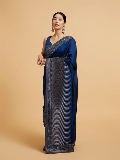 Mohey Teal Blue Wave Patterned Saree with Rhinestones