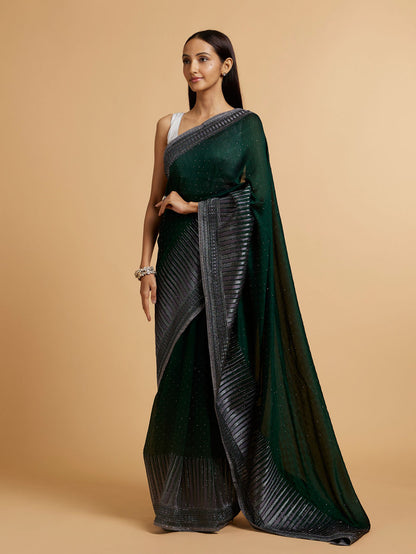 Mohey Bottle Green Stone Embellished Saree - view 3