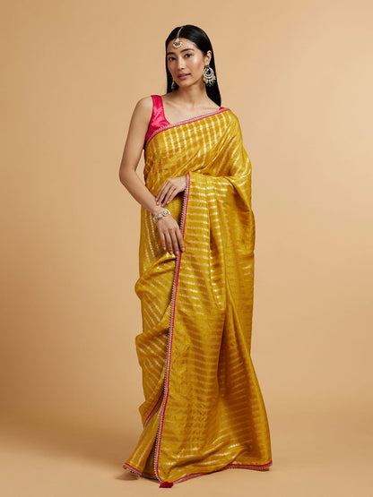 Mohey Mustard Yellow Linear Leaf Patterned Saree