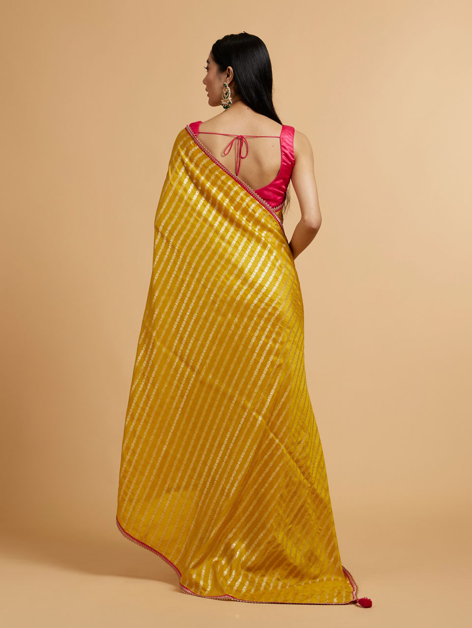 Mohey Mustard Yellow Linear Leaf Patterned Saree - view 5