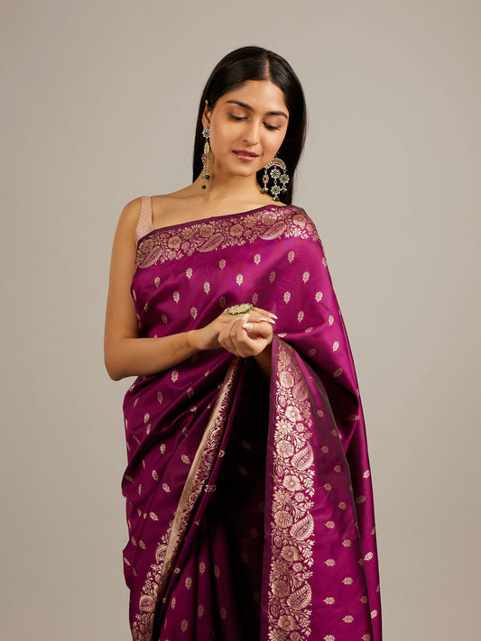 Mohey Wine Red Floral Buta Jaal Patterned Saree with Bel Buti Borders - view 2